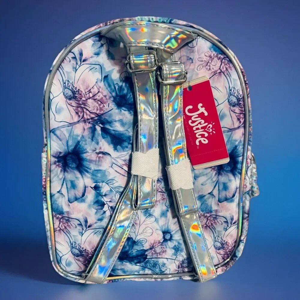 New Justice sequined Blue & Purple floral mini backpack Bag Purse Straps Zip